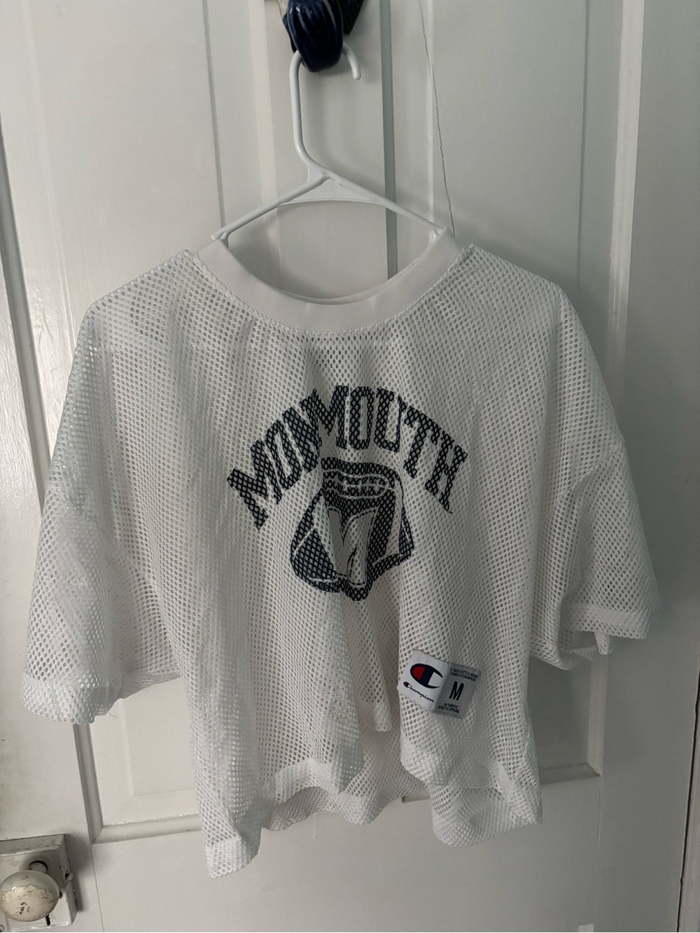 Champion White Mesh Crop Top with Navy Logo Monmouth Football